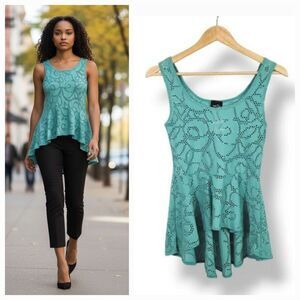 Vintage 90's Y2K Rue 21 High Low Open Knit Peplum Sleeveless Top in Turquoise